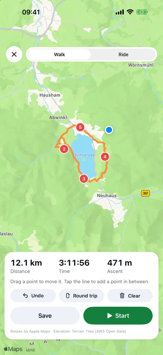 A planned loop around the Schliersee with distance, time and ascent